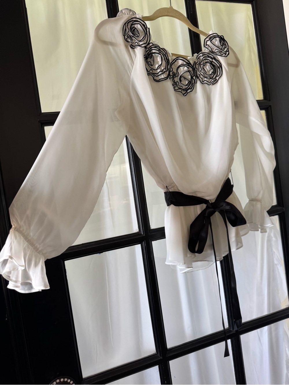 Simply Liliana Ivory Sheer Blouse with Black Floral Appliqué and Black Sash